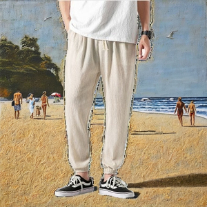 Solid Color Men's Plus Size Cotton Casual Lightweight Linen Breathable Eco-Friendly Elastic Waist Flat Front Straight Jogger - Product Image 3