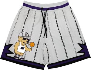 White Basketball Shorts With Print Purple Trim Drawstring Waist <b>Hip</b> Hop Style - Product Image 1