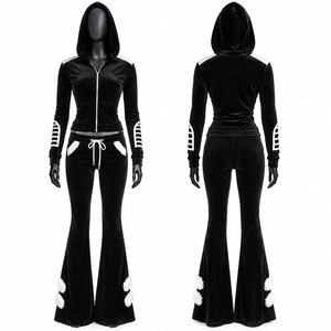 Ensemble de survêtement à capuche en velours noir pour femme, manches longues, fermeture éclair sur le devant, vêtements décontractés d'automne, sweat-shirt et pantalon avec accents blancs - Product Image 1