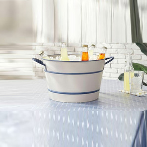 Antique Cream Galvanized Steel <b>Ice</b> Bucket With Blue Trim Accent Handles Rustic Farmhouse Party Wine Beer Beverage Tub Supply - Product Image 6