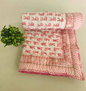 Rabbit <b>Pink</b> White Block Print Quilted <b>Throw</b> <b>Blanket</b> 100% Cotton Eco-Friendly Handmade Modern Hotel Luxury Oversized - Product Image 2