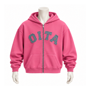 Hot <b>Pink</b> <b>Mens</b> Full Zip Hoodie Chenille Letter Patch Heavyweight Fleece Oversized Casual Streetwear <b>Sweatshirt</b> with Front Pockets - Product Image 1
