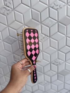 2026 New Design Handmade Hand <b>Tooled</b> <b>Leather</b> Wooden Hair Brush With Pink & Black Checkered Pattern Minimalist Design - Product Image 2