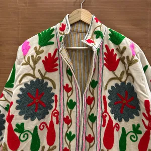 Elegant Ivory <b>Velvet</b> Floral Embroidered Suzani <b>Jacket</b> Full Sleeve Stand Collar Handmade Bohemian Winter Outerwear - Product Image 3