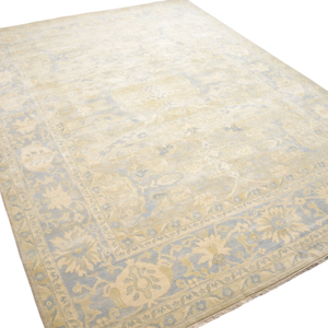 Tapis Oushak en laine noué à la main, beige doux et bleu pastel, motif floral médaillon, à poils ras, tapis traditionnel vintage pour sol domestique - Product Image 5