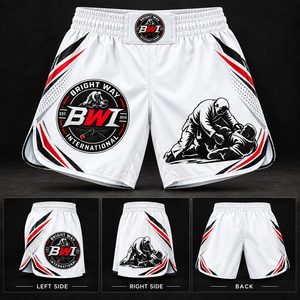 Bright Way International <b>Men's</b> <b>White</b> Sublimation MMA <b>Shorts</b> Elastic Waist Board <b>Shorts</b> with Front Logo and Grappling Design - Product Image 1