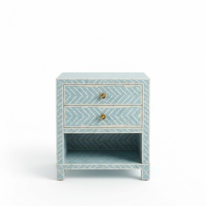 Unique Black And <b>White</b> Geometric Bone Inlay <b>Bedside</b> Table Handcrafted 2-Drawer Bedroom Nightstand & Accent Side Table Premium - Product Image 4