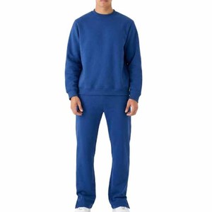 Men Blue <b>Polyester</b>/Cotton <b>Tracksuit</b> Crew Neck Full Sleeve Regular Fit Solid Color Casual Autumn Breathable Midweight Sweat suit - Product Image 1