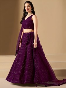 Purple <b>Sequin</b> Embroidered Floral Print Georgette Bridesmaid Floor-Length A-Line Lehenga Choli V Neck Two Piece Wedding Outfit - Product Image 4