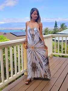 ชุดเดรสแม็กซี่ผ้าเรยอนสีขาวน้ำตาลแบบลำลองสำหรับผู้หญิง สายเดี่ยวแบบสปาเก็ตตี้ คอวี ทรงพลิ้วสไตล์โบโฮ ชุดเดรสยาวสำหรับฤดูร้อน - Product Image 4