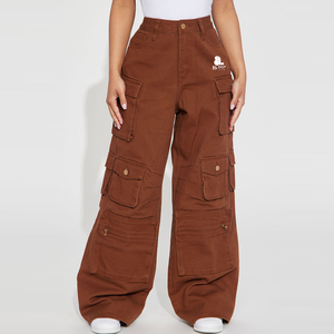 Pantalones Cargo de Cintura Alta para Mujer, Color Marrón Sólido, Corte Holgado, con Bolsillos, Estilo Utilitario, Material de Lona - Product Image 1