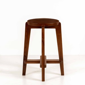 Tabouret de bar en bois massif de style moderne du milieu du siècle, avec assise ronde et base croisée, pour comptoir de bar - Product Image 1