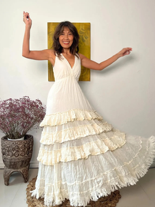 Wholesale Custom Flare Sleeve Full Ruffle White Maxi Natural Tiered Gauze <b>Boho</b> Chic Evening Beach Organic Cotton Eco-Friendly - Product Image 4