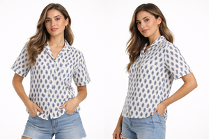 Conjunto de Pijama de Algodón con Estampado Paisley de Lujo para Mujer, Camisa de Manga Corta, Ropa de Dormir Azul con Diseño Floral, Hecho a Mano - Product Image 3