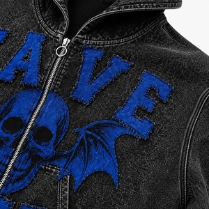 Sweat à capuche zippé personnalisé pour homme, style denim, avec lettres appliquées et effet délavé à l'acide, imprimé crâne vintage, vente en gros usine OEM - Product Image 4