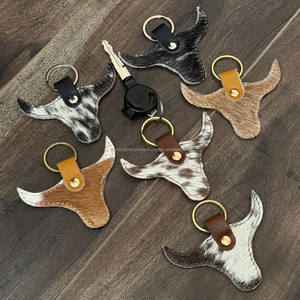 New Personalized Cute Cow <b>Head</b> Design Key Chain Cowhide Leather Round Key Ring Cowboy <b>Style</b> Charm Wholesale Keychains for Unisex - Product Image 6