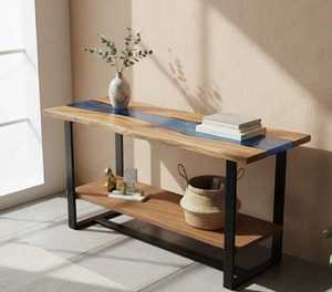 Mesa Consola de Epoxi Ocean Stream con Estante de Almacenamiento, Mueble de Entrada Rectangular Duradero de Madera con Borde Natural Hecho a Mano, Acento Moderno - Product Image 1