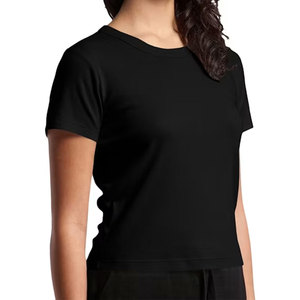 Camiseta Corta de Mujer a la Moda, Manga Corta, Cuello Redondo, Acanalada, Ajustada, de Mezcla de Algodón, para Uso Diario - Product Image 5