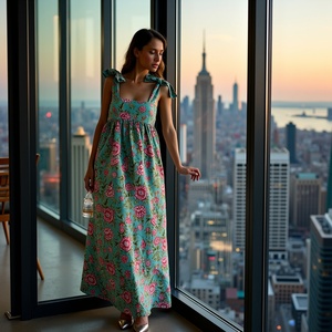 Maxi cuello de corazón para mujer en agua con flores vintage y sensación de resort pajarita Correa Maxi vestido turquesa estampado floral - Product Image 2