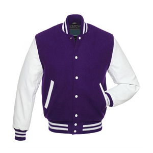 Purple Varsity <b>Jacket</b> With <b>White</b> Sleeves Turn-down Collar Button Closure Preppy Style Regular Fit Autumn Wear - Product Image 3