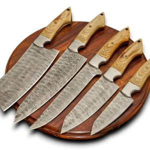 Couteaux de cuisine professionnels en acier damas forgé à la main, lame martelée, 5 pièces, ensemble de couteaux de chef, manche ergonomique en bois, sac de transport en cuir - Product Image 1