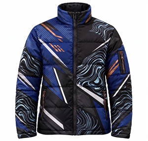 Chaqueta acolchada unisex personalizada con sublimación, para invierno, cálida, en azul cobalto, azul real y negro, con estampado de ondas, cortavientos, acolchada, estilo urbano. - Product Image 1