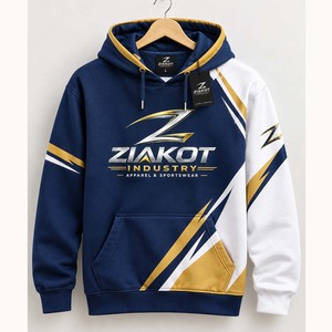 Sweat-shirt à capuche sportif Ziakot personnalisé, bleu marine, bleu clair et blanc, motif abstrait 3D à traçages de pinceaux, vente en gros - Product Image 4