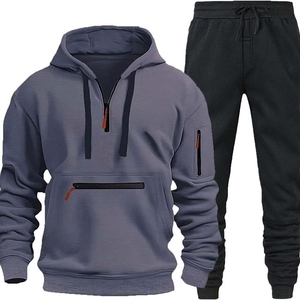 Ensemble de survêtement à capuche pour homme, couleur unie, manches longues, poche zippée, décontracté, respirant, en polyester, pour l'automne - Product Image 1