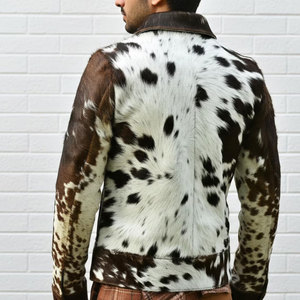 Men's <b>Cow</b> Print Hair On <b>Cow</b> Hide Leather Jacket Western Style Full Zip Front with Natural Fur Texture - Product Image 2