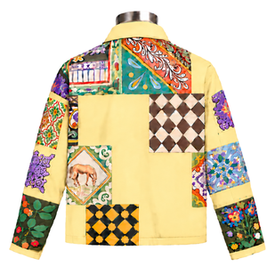 Lemon <b>Yellow</b> Mosaic Work Jacket Multicolor Floral Patchwork Pattern Button Front Casual Long Sleeve Fashion Streetwear <b>Coat</b> - Product Image 2