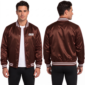 Veste en satin magenta tendance avec finition soyeuse brillante, bordure en tricot côtelé rayé, poches à la taille et fournisseur de vêtements personnalisés en gros - Product Image 3