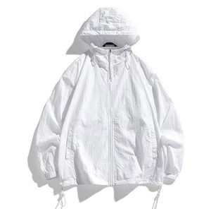 Men's <b>White</b> Hooded Windproof Blouson <b>Jacket</b> Casual <b>Summer</b> Zipper Closure Loose Fit Polyester Material - Product Image 1