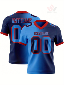 เสื้อฟุตบอลอเมริกันชายแบบสั่งทำ คอวี แขนสั้น พิมพ์ลายแบบซับลิเมชั่น สีน้ำเงินแดง แต่งขอบ พร้อมชื่อทีมและหมายเลข ระบายอากาศได้ดี ทรงปกติ - Product Image 1