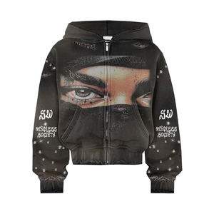 Hoodie personnalisé de haute qualité, coupe ample et courte, en molleton épais, avec impression DTG, effet délavé, déchiré et orné de strass, fermeture éclair intégrée - Product Image 3