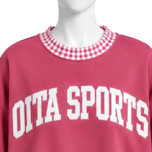 Mens Rose <b>Pink</b> Oversized Crewneck <b>Sweatshirt</b> With Checkered Neckline And Cuffs Long Sleeve Graphic Pullover Casual Fashion Top - Product Image 3