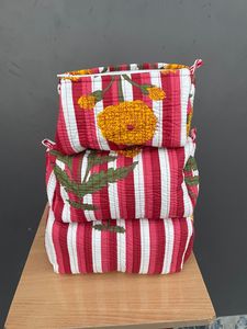 Cotton toiltery <b>bag</b> 3 piece sets Red <b>White</b> Striped Cotton <b>Tote</b> <b>Bag</b> with Embroidered Lemon Pattern Fashion Open Closure - Product Image 2