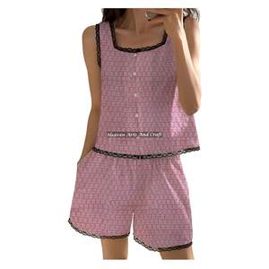 Conjunto de Pijama de Algodón con Encaje para Mujer - Ropa de Estar por Casa con Estampado Floral Hecho a Mano sin Mangas para Primavera/Verano - Product Image 2