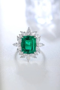 Women's <b>Emerald</b> Cut Green Gemstone Cocktail <b>Ring</b> 925 <b>Silver</b> Rhodium Plated Prong Setting Luxury Engagement Jewelry - Product Image 1