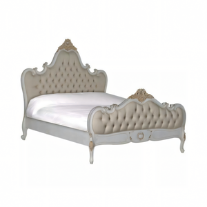 Teak Wood Classic French Baroque Button-Tufted Upholstered <b>Bed</b> <b>Frame</b> - Product Image 1