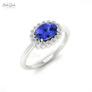 Asian Manufacturer IGI Certified 1mm Diamond Halo <b>Ring</b> With 7X5MM Oval Cut Tanzanite Gemstone In 14K Solid Gold Wedding Jewelry - Product Image 5