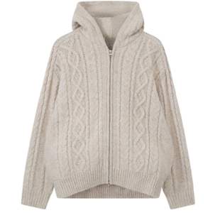 Sudadera con capucha de punto trenzado y cremallera, color piedra, suave y cálida, con capucha ajustable, perfecta para uso casual. - Product Image 1