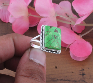 Natural <b>Green</b> Copper Bezel Setting Band <b>Ring</b> 925 Sterling Silver Women's Classic Five Stone <b>Amethyst</b> Gemstone Wedding Party - Product Image 1