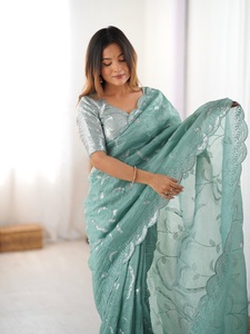 Sarees de seda de alta calidad para fiestas de gatitos, hermosa secuencia de trabajo, tela dorada aplastante, Parte delantera trasera, ambos lados, indio visible - Product Image 3