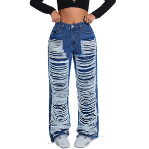 Jeans de Mezclilla para Mujer, Cintura Alta, Corte Recto, Transpirables, Largos, Desgastados, Estilo Casual Urbano Vintage, para Invierno - Product Image 1