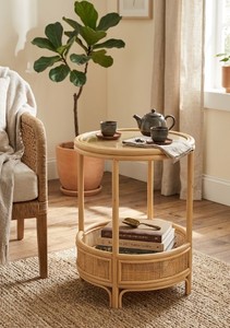 Natural Rattan Round Coffee <b>Table</b> with Lower <b>Storage</b> Shelf, Handwoven Wicker <b>Side</b> <b>Table</b> for Living Room, Patio, Bedroom and Home - Product Image 5