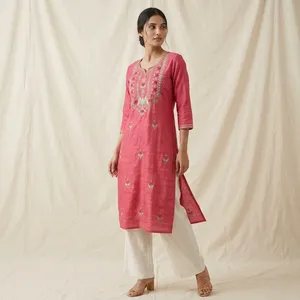 <b>Women</b> Pink Jute Cotton <b>Kurti</b> V Neck Embroidered Straight Tunic Three Quarter Sleeve Floral Detail Casual Ethnic Everyday Wear - Product Image 4