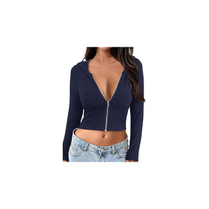 Ladies Slim Fit Ribbed <b>Crop</b> Hoodie Jacket Zip Closure <b>Long</b> <b>Sleeve</b> Trendy Street Style <b>Top</b> for women - Product Image 3
