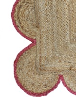 Tapis artisanal en jute naturelle à poils ras, épaisseur moyenne, bord festonné rose, écologique, style bohème et rustique pour la décoration du salon