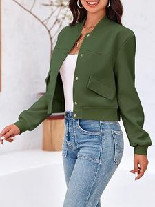 Chaqueta Bomber Verde para Mujer, Color Sólido, Cuello Alto, Manga Larga, Cierre de Botones, Ropa Exterior Informal, Bolsillo con Parche, Material de Poliéster - Product Image 5