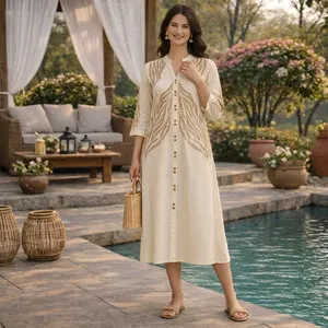 Vestido Midi Boho Bordado con Cuello en V para Mujer, Manga Tres Cuartos, Holgado, de Lino y Algodón, Verano, Casual, Tejido Transpirable, Dobladillo Recto - Product Image 2